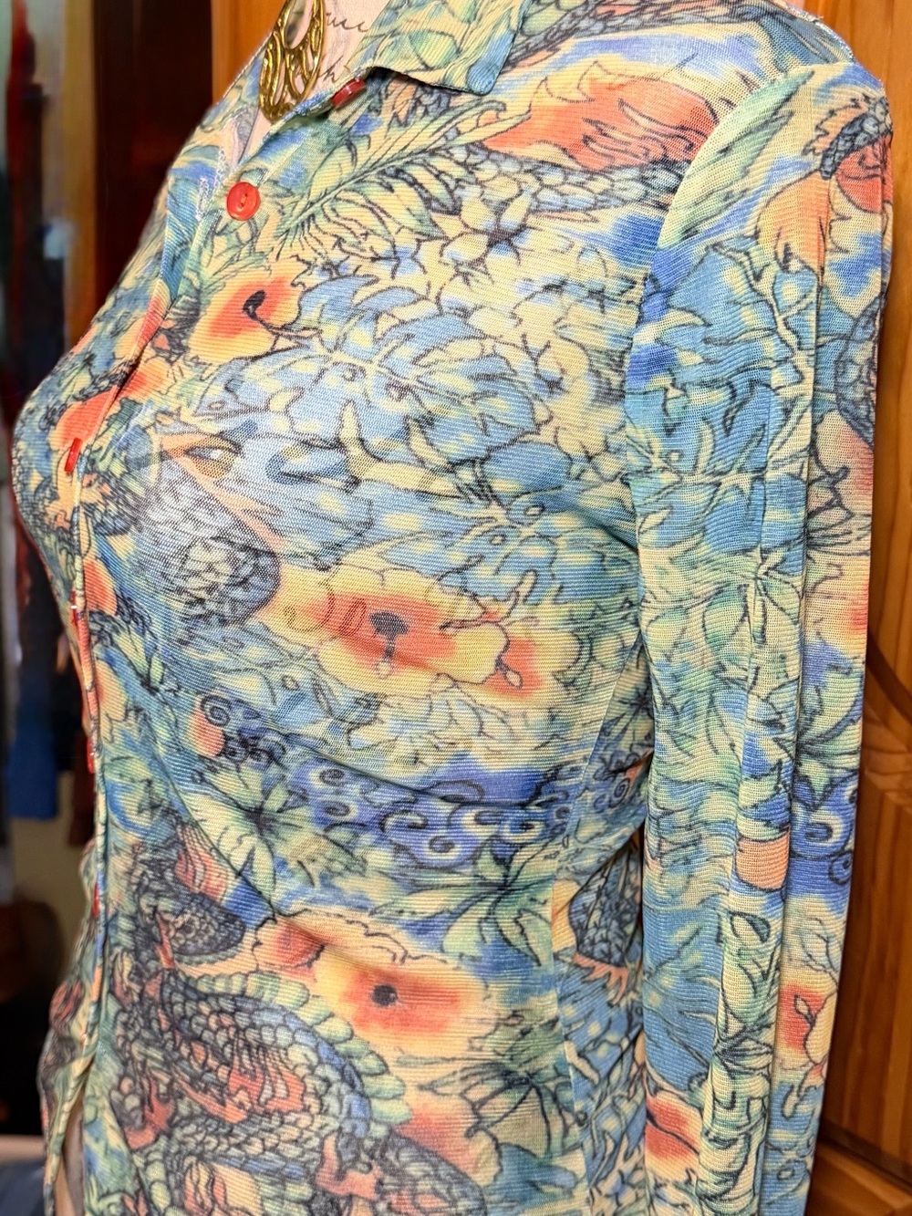 Floral Button-Down Mesh Shirt in Aqua and Coral - Picture 3 of 5